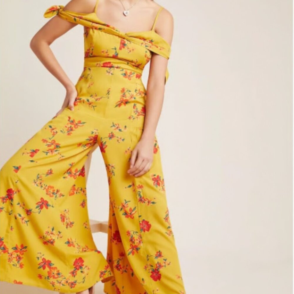 Anthropologie Yellow Floral Wide Leg Jumpsuit